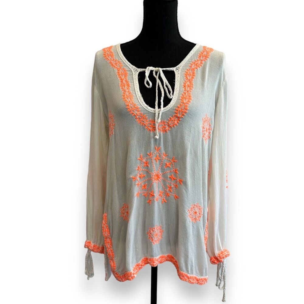 Lucky & Coco Hippie Embroidered Blouse Guaze Neon Cover Up Top Small‎ Swim Boho